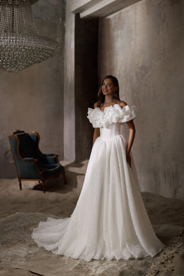Off-The-Shoulder Ball Gown Wedding Dress with Ruffled Floral Bodice