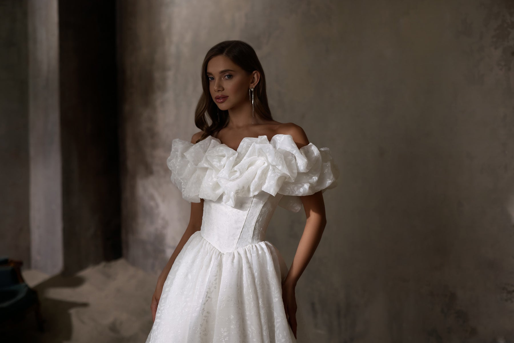Off-The-Shoulder Ball Gown Wedding Dress with Ruffled Floral Bodice