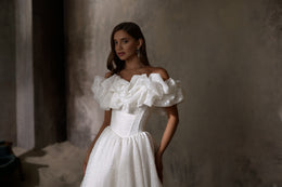 Off-The-Shoulder Ball Gown Wedding Dress with Ruffled Floral Bodice