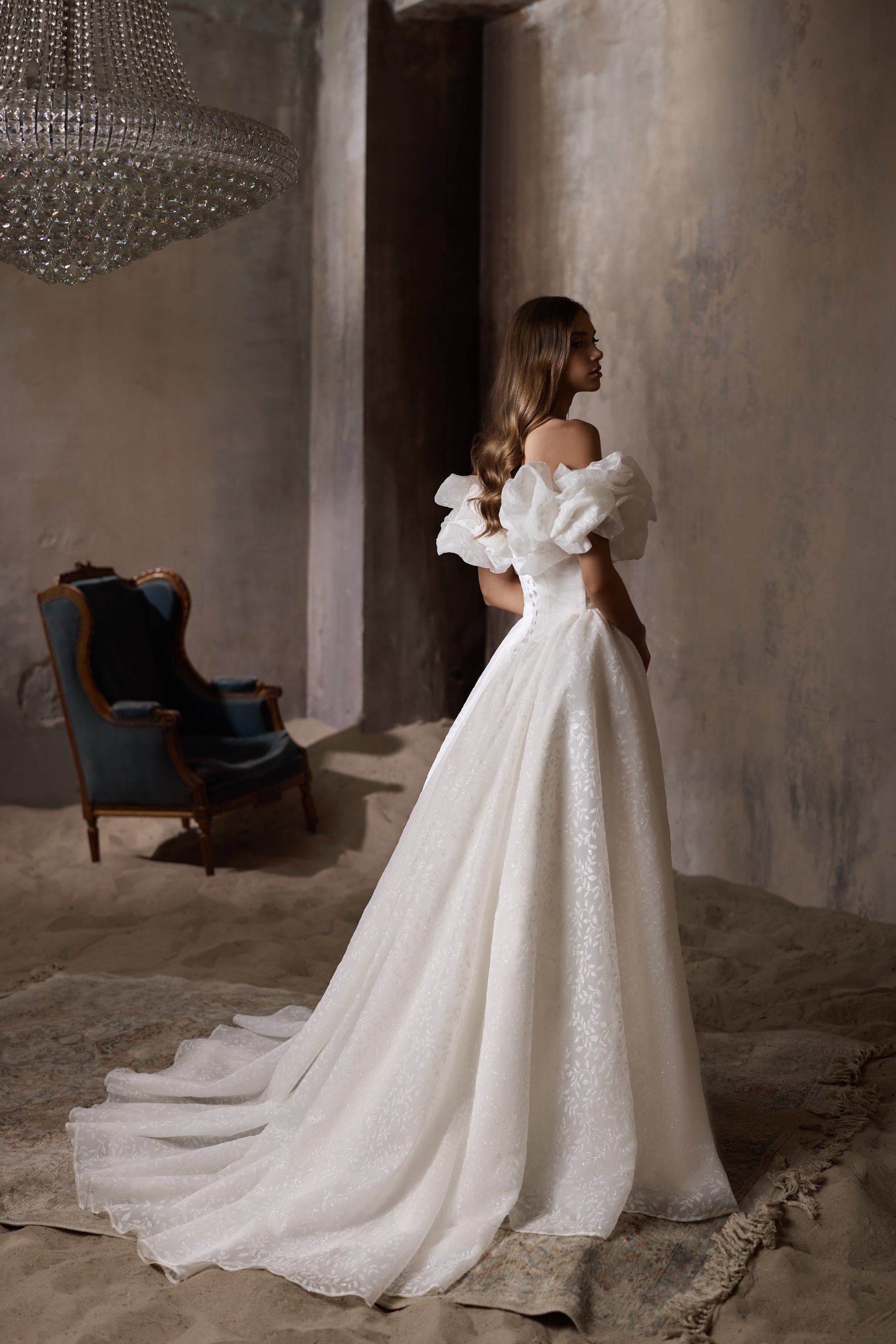 Off-The-Shoulder Ball Gown Wedding Dress with Ruffled Floral Bodice