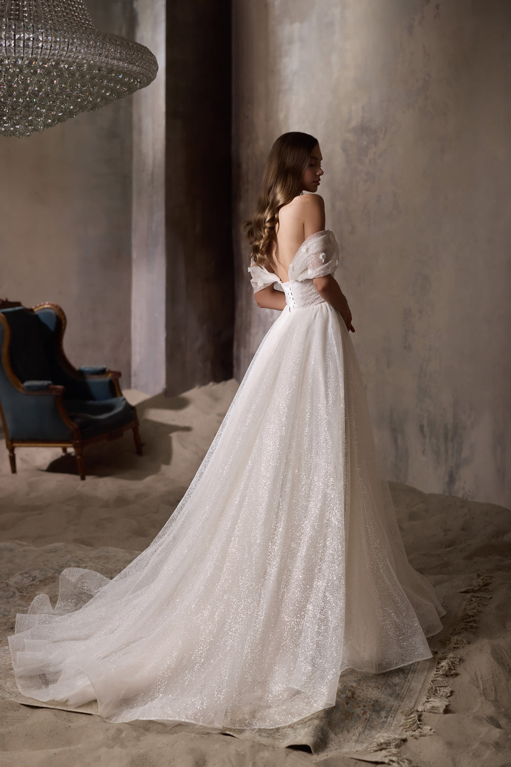 Off-the-Shoulder A-Line Wedding Dress with Glitter Tulle and Slit
