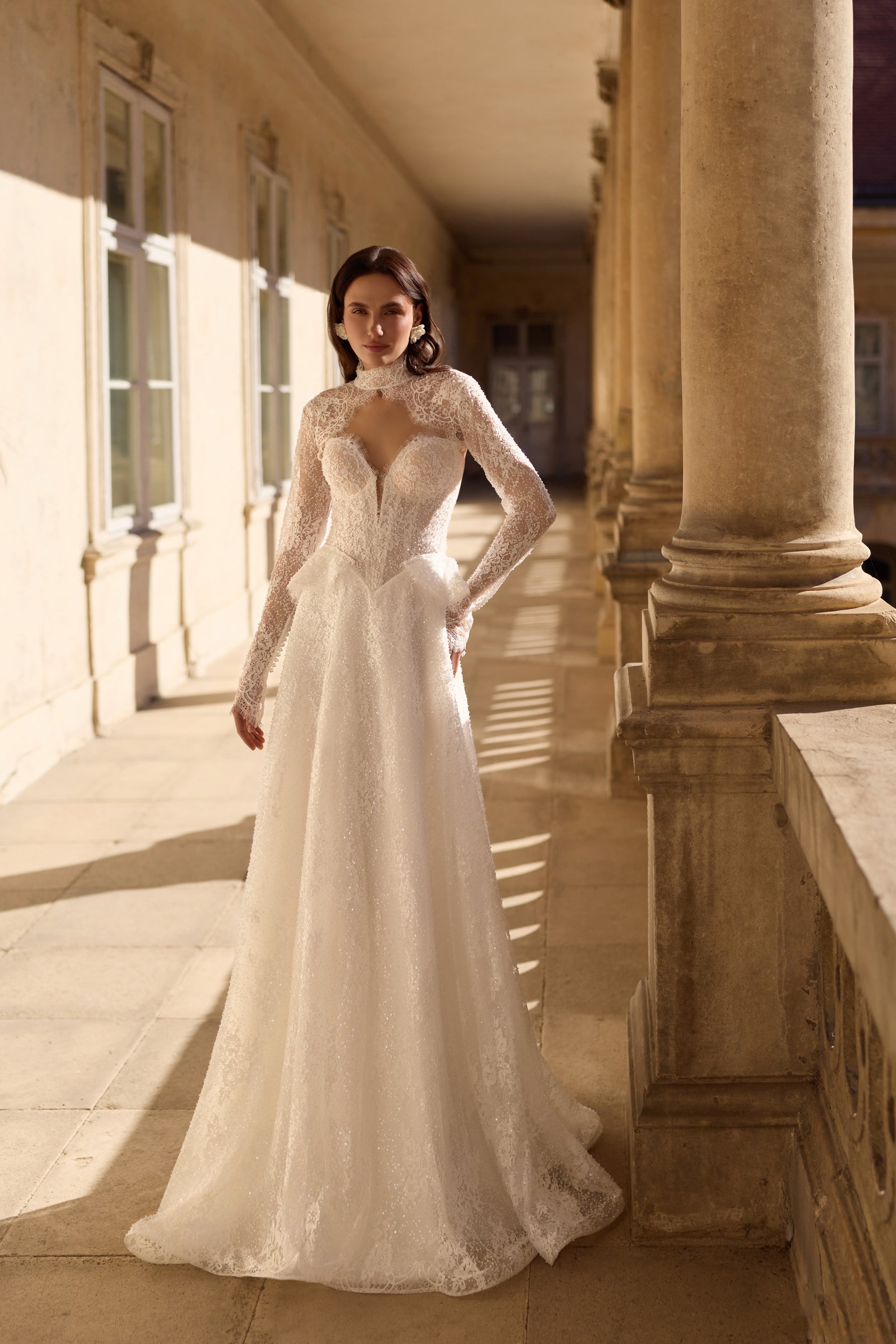 Ivory wedding dress with a sheer lace high neckline, fitted bodice, long sleeves, and a full A-line skirt