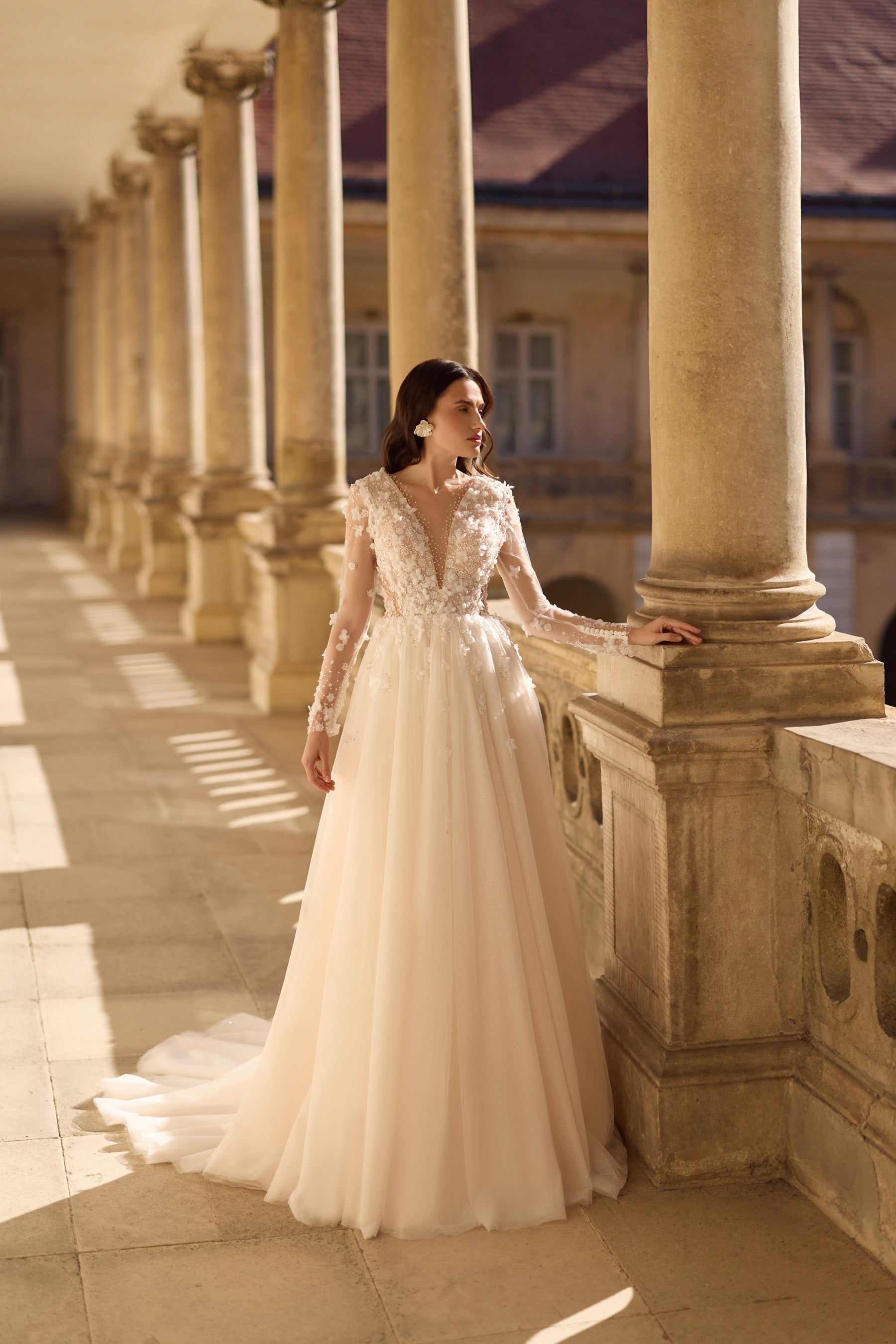 3D Floral Lace A-Line Wedding Dress with Illusion V-Neck