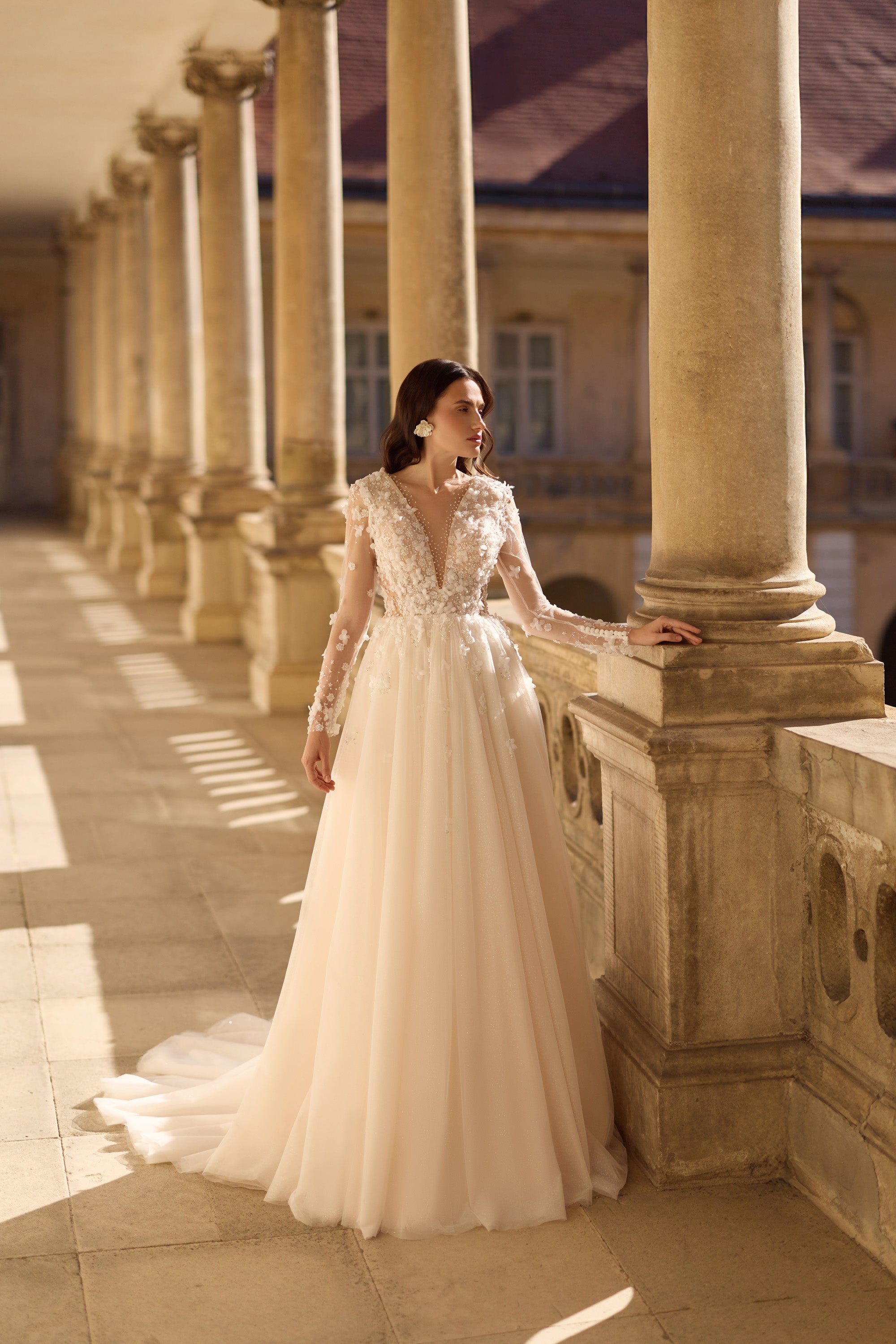 3D Floral Lace A-Line Wedding Dress with Illusion V-Neck
