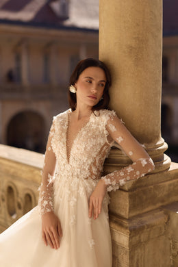 3D Floral Lace A-Line Wedding Dress with Illusion V-Neck
