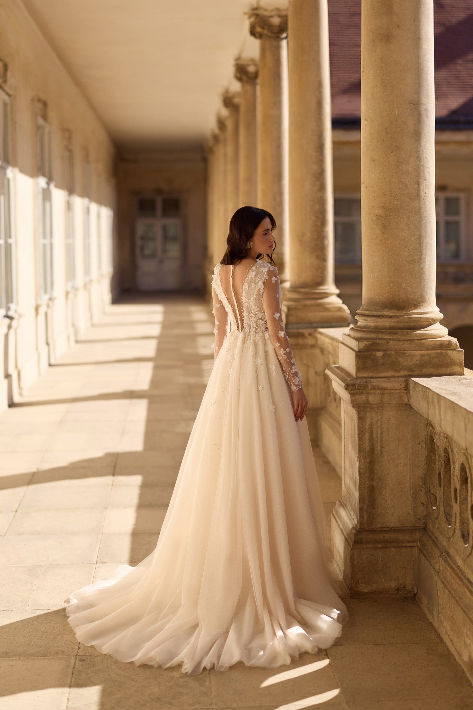3D Floral Lace A-Line Wedding Dress with Illusion V-Neck
