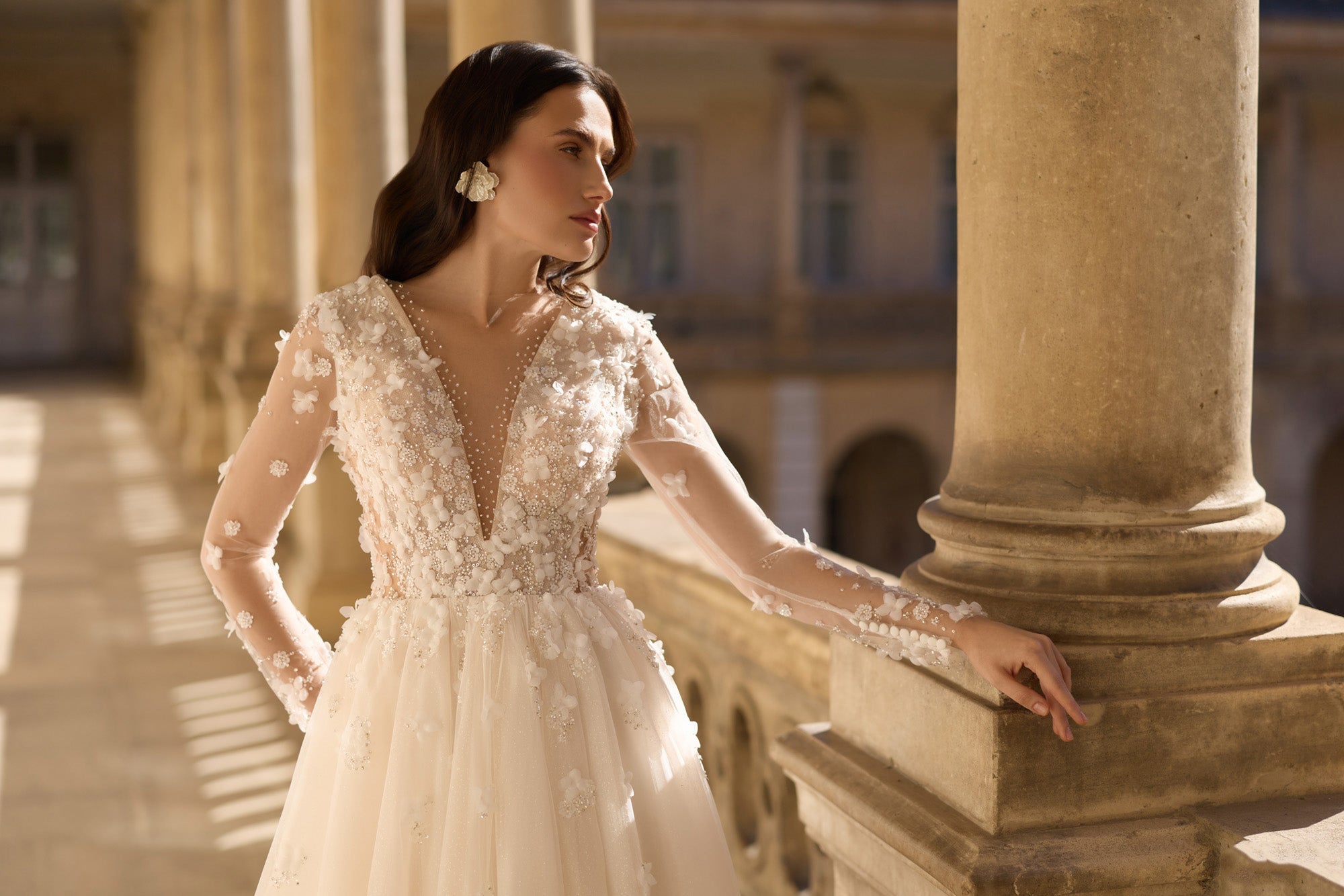 3D Floral Lace A-Line Wedding Dress with Illusion V-Neck