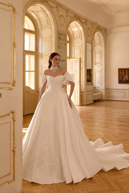 Off-the-Shoulder Satin Ball Gown Wedding Dress with Detachable Choker
