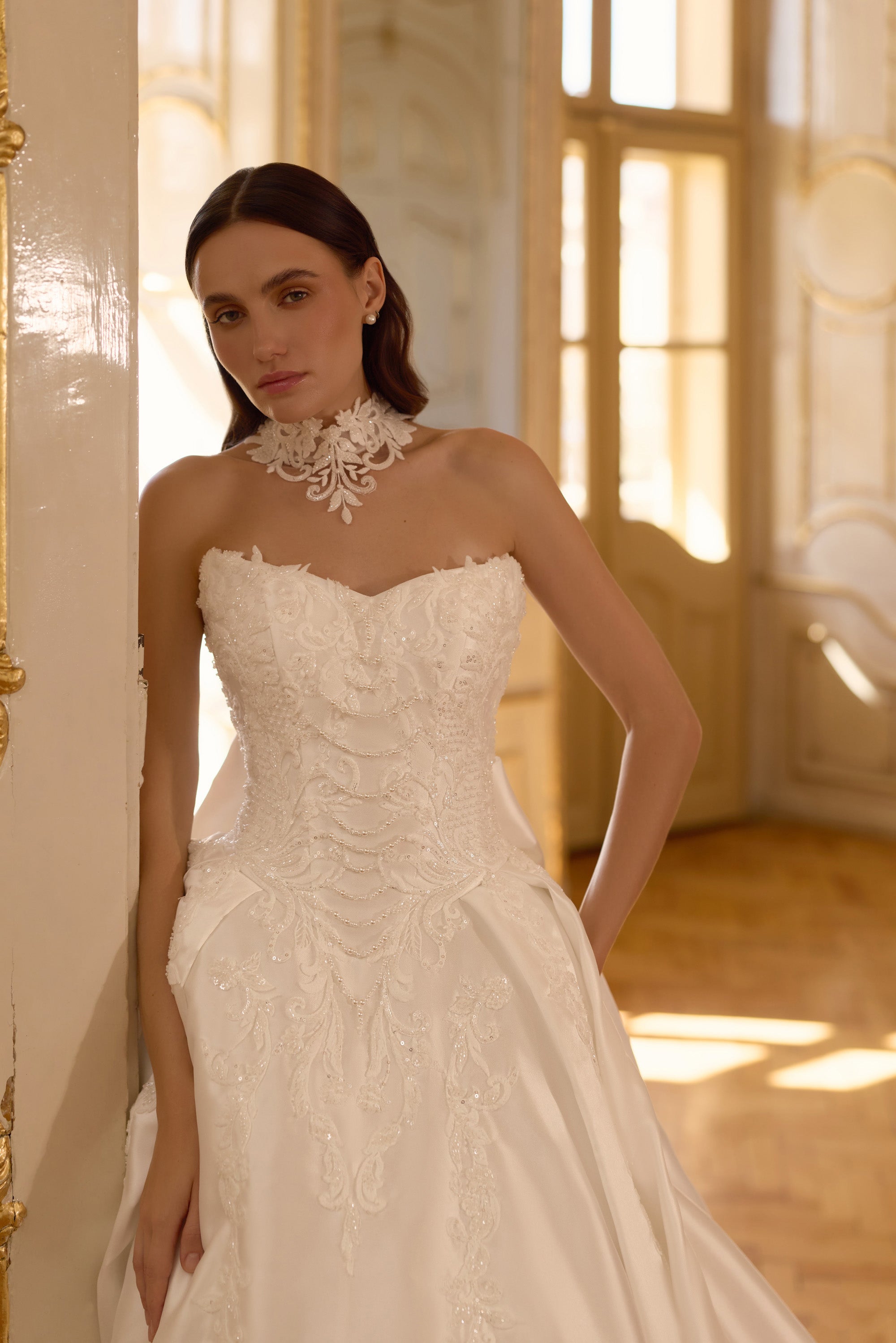 Off-the-Shoulder Satin Ball Gown Wedding Dress with Detachable Choker