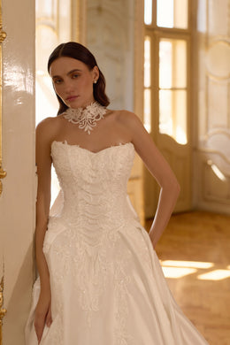 Off-the-Shoulder Satin Ball Gown Wedding Dress with Detachable Choker