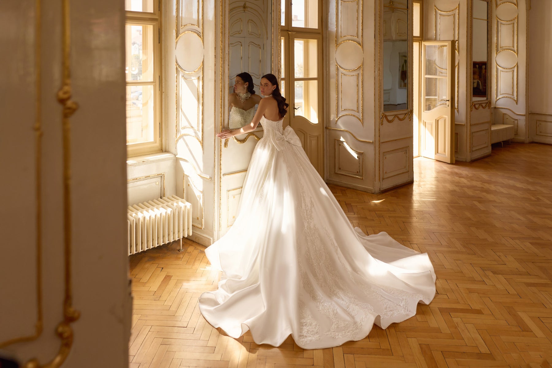 Off-the-Shoulder Satin Ball Gown Wedding Dress with Detachable Choker