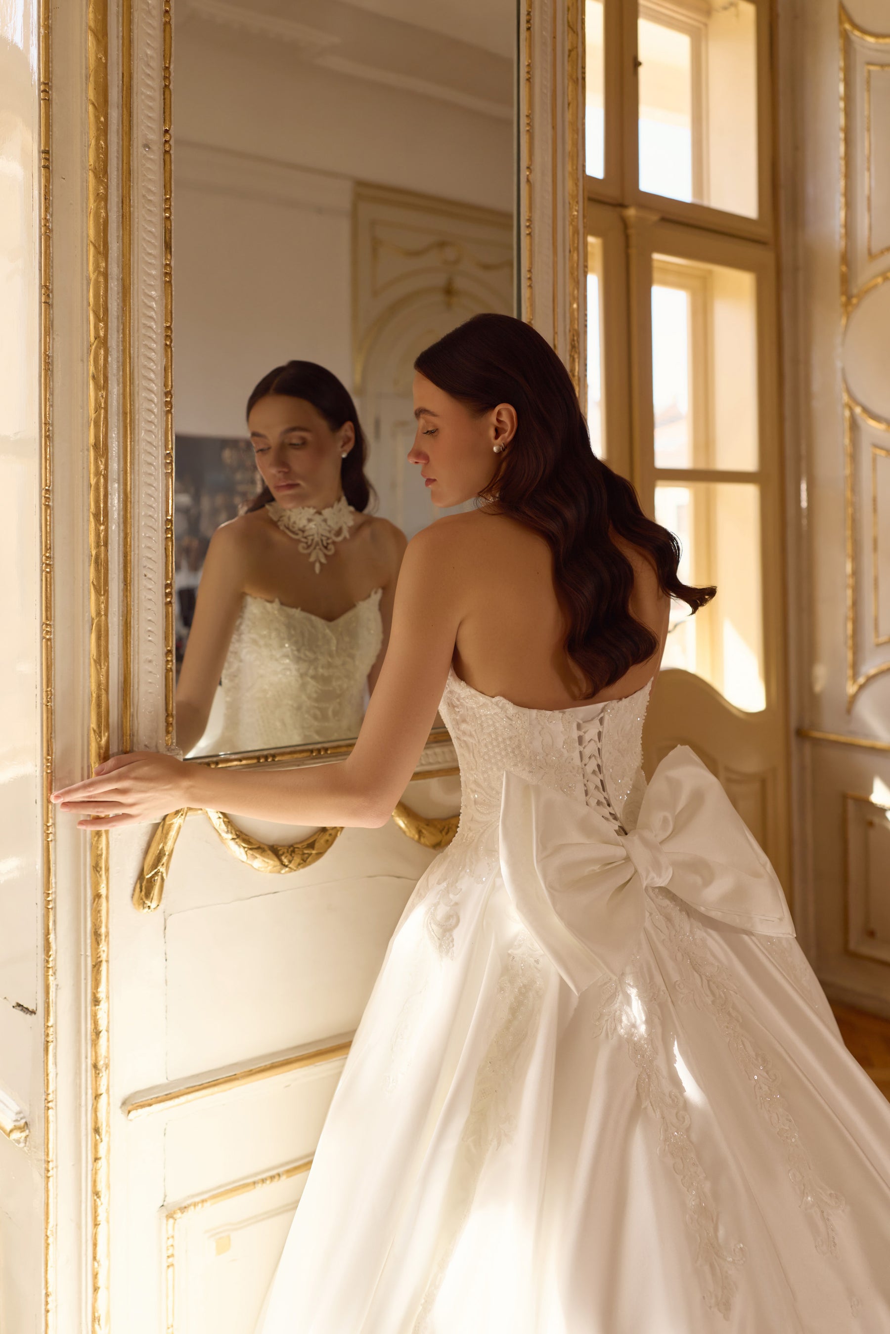 Off-the-Shoulder Satin Ball Gown Wedding Dress with Detachable Choker