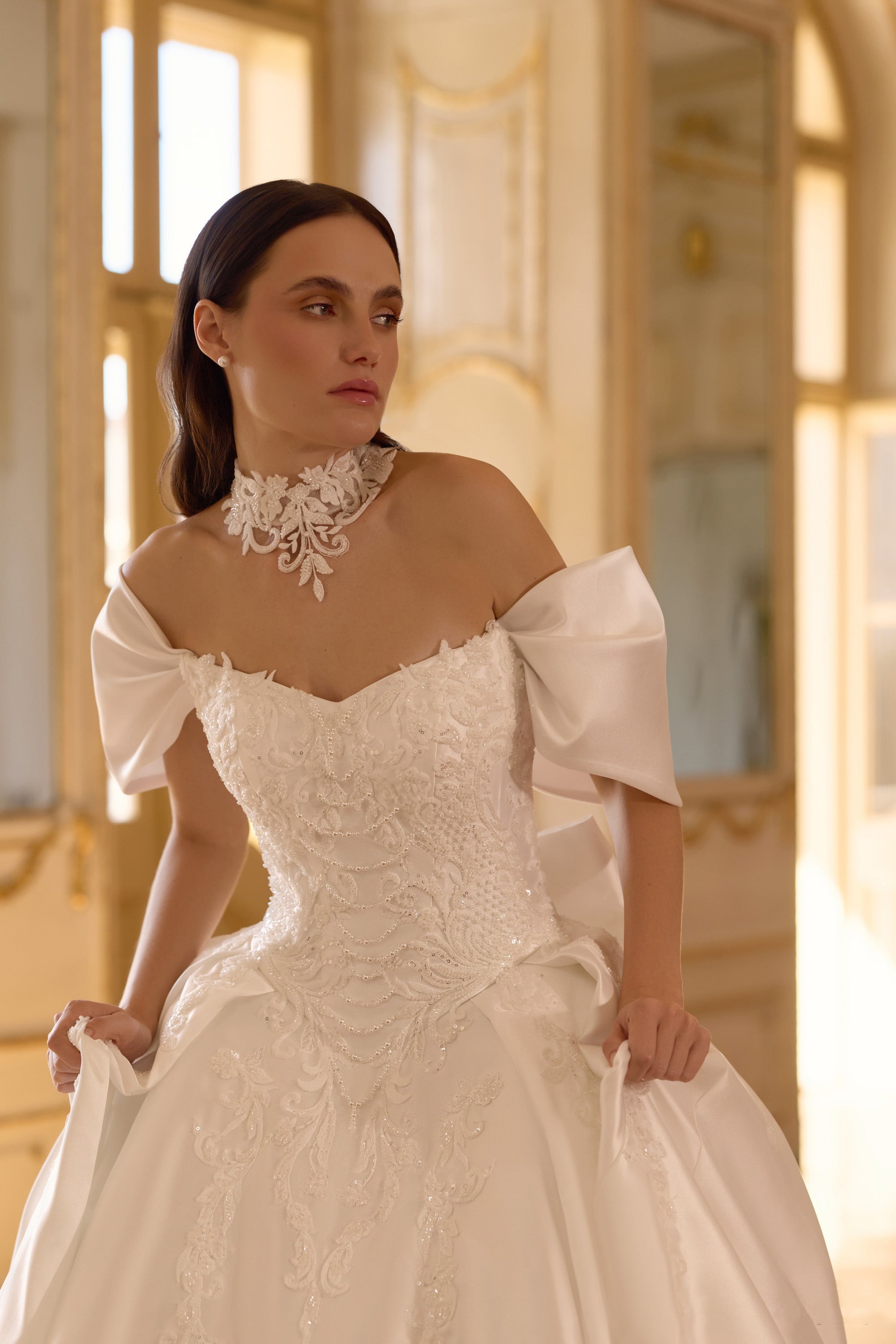 Off-the-Shoulder Satin Ball Gown Wedding Dress with Detachable Choker