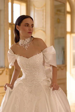Off-the-Shoulder Satin Ball Gown Wedding Dress with Detachable Choker