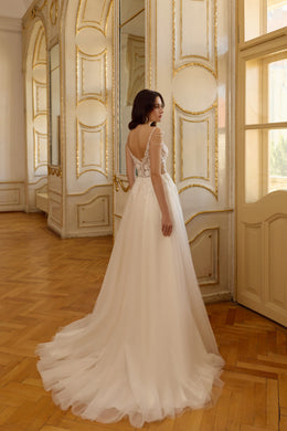 Luxury A-Line Wedding Dress with Deep V-Neck and Pearl Straps