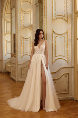 Luxury A-Line Wedding Dress with Deep V-Neck and Pearl Straps