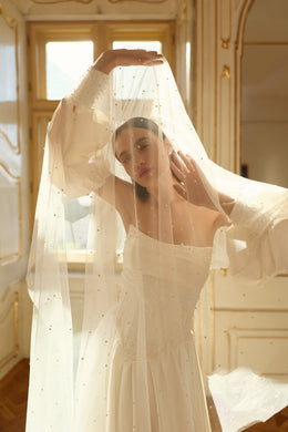 Ivory wedding dress with voluminous puff sleeves beneath a sheer, pearl-dotted veil