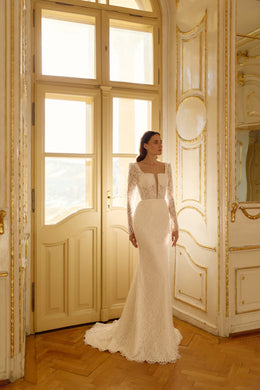 Luxury Lace 2-in-1 Wedding Dress with Detachable Overskirt and Long Sleeves