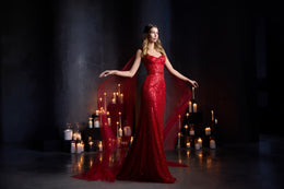 Sequined Mermaid Evening Dress with Corset Bodice and Sheer Cape