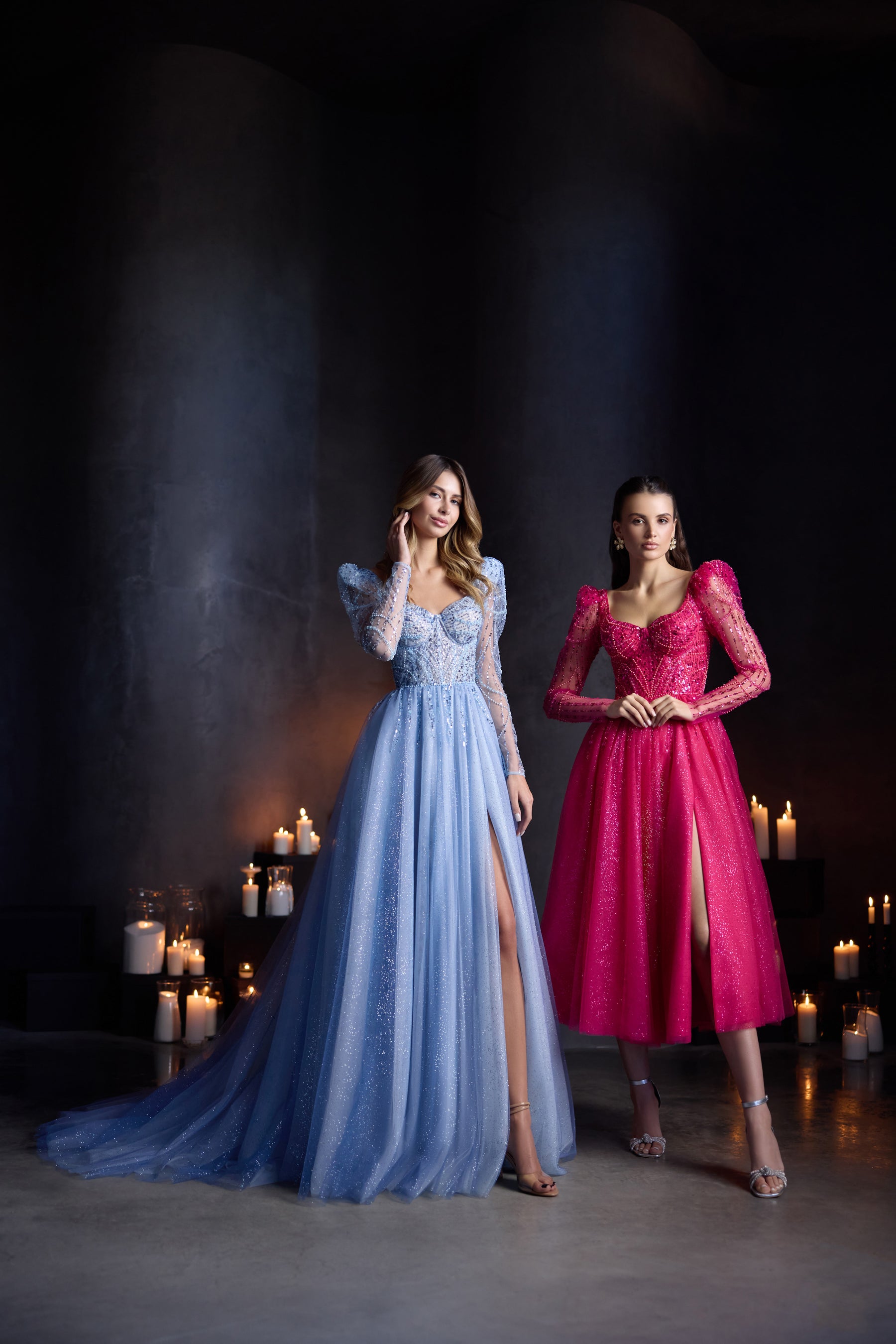 Sparkling Tulle A-Line Evening Dress with Sheer Long Sleeves