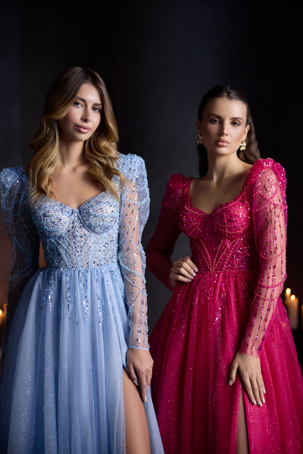 Sparkling Tulle A-Line Evening Dress with Sheer Long Sleeves