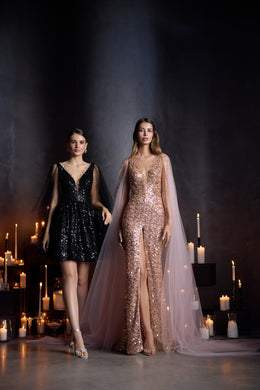 Rose-gold sequined sheath evening dress with a deep V-neckline, thigh-high slit, and sheer Watteau train