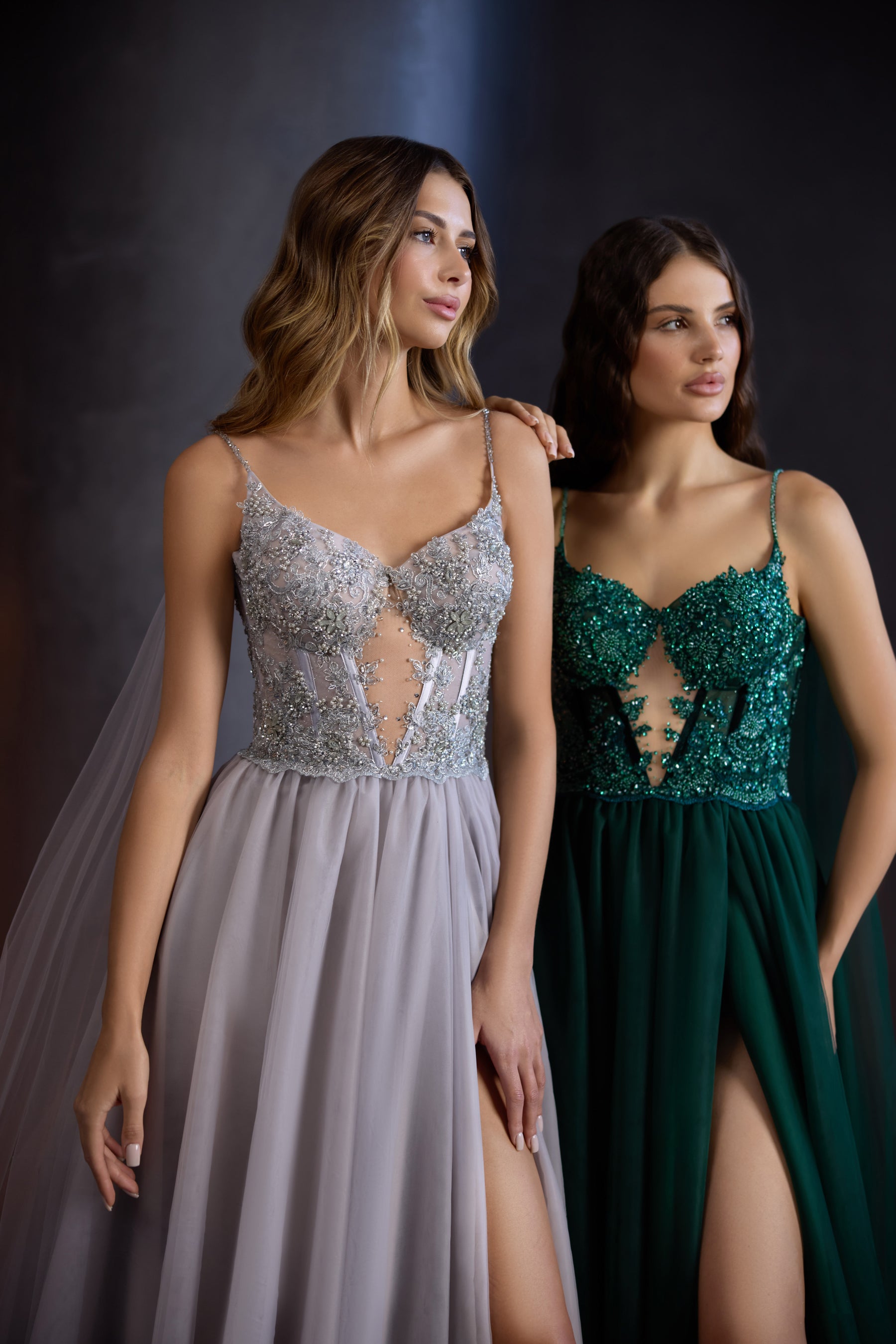 Beaded Tulle A-Line Evening Dress with Sheer Cape and High Slit