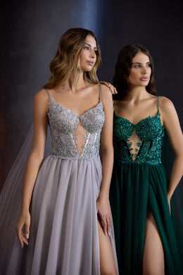 Beaded Tulle A-Line Evening Dress with Sheer Cape and High Slit