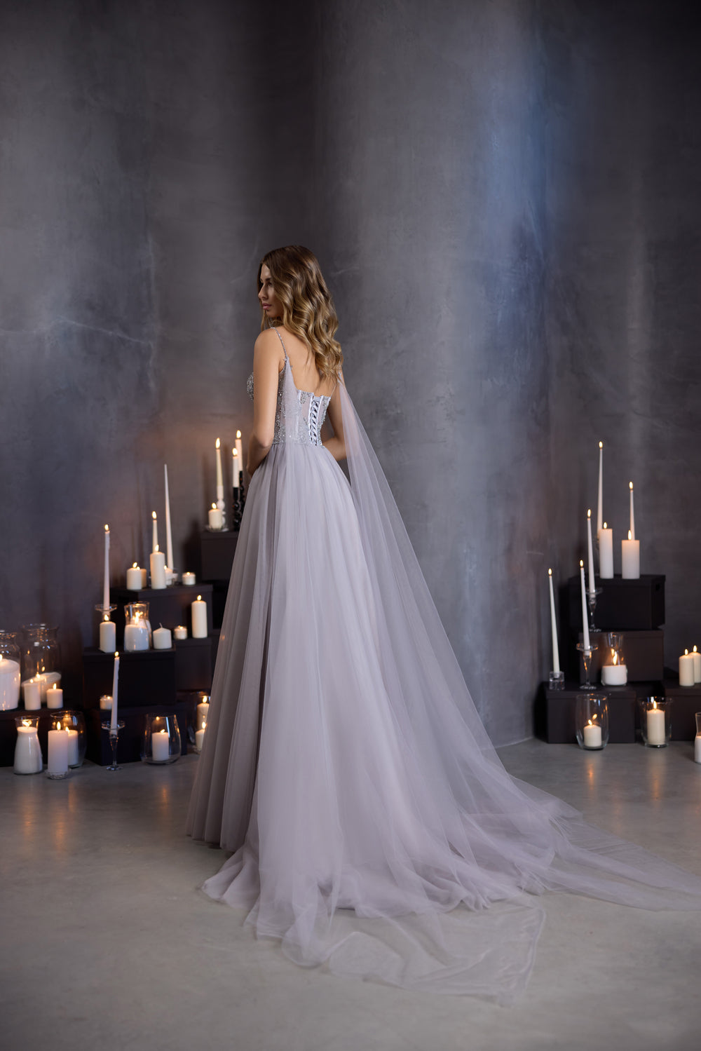 Beaded Tulle A-Line Evening Dress with Sheer Cape and High Slit