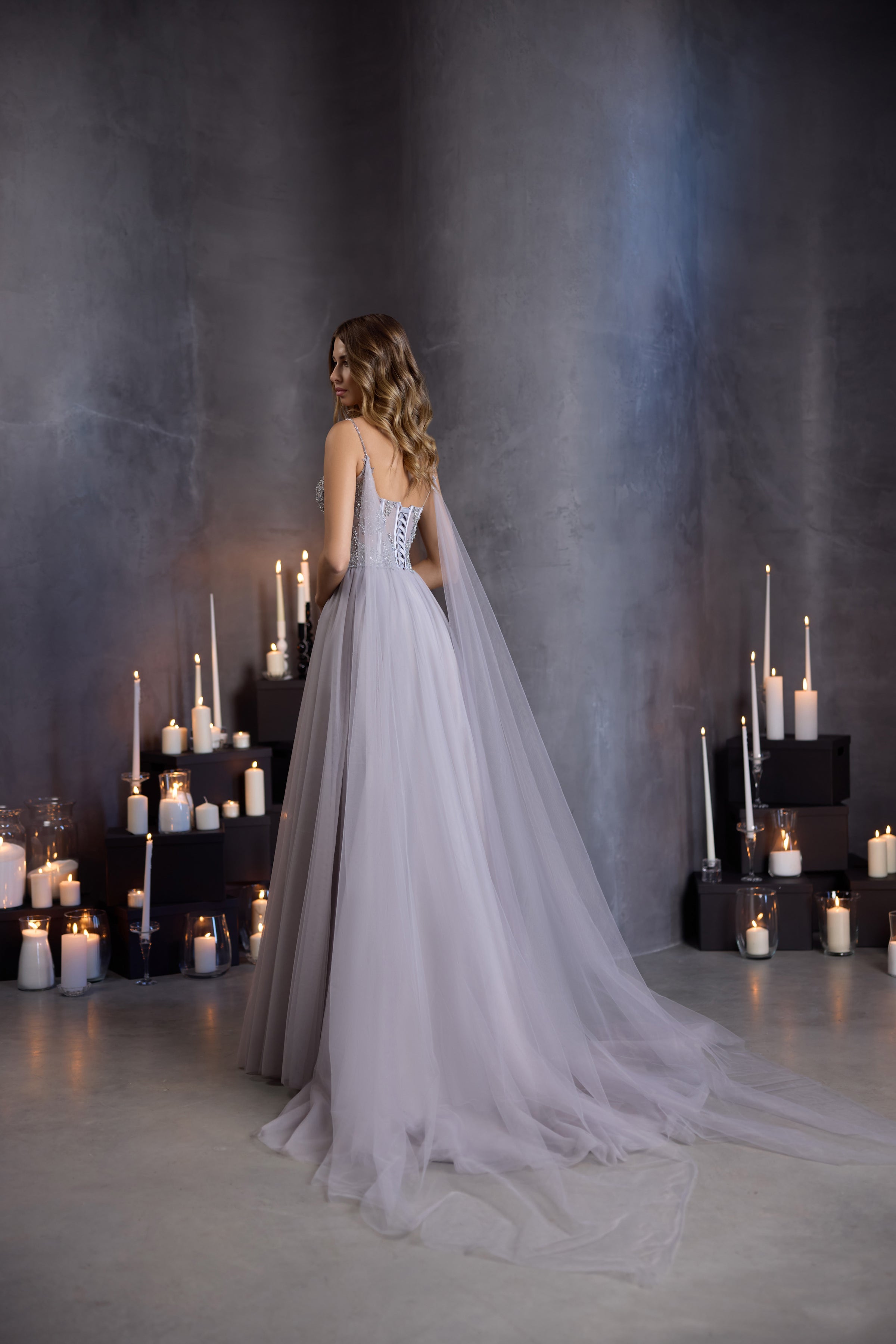 Beaded Tulle A-Line Evening Dress with Sheer Cape and High Slit