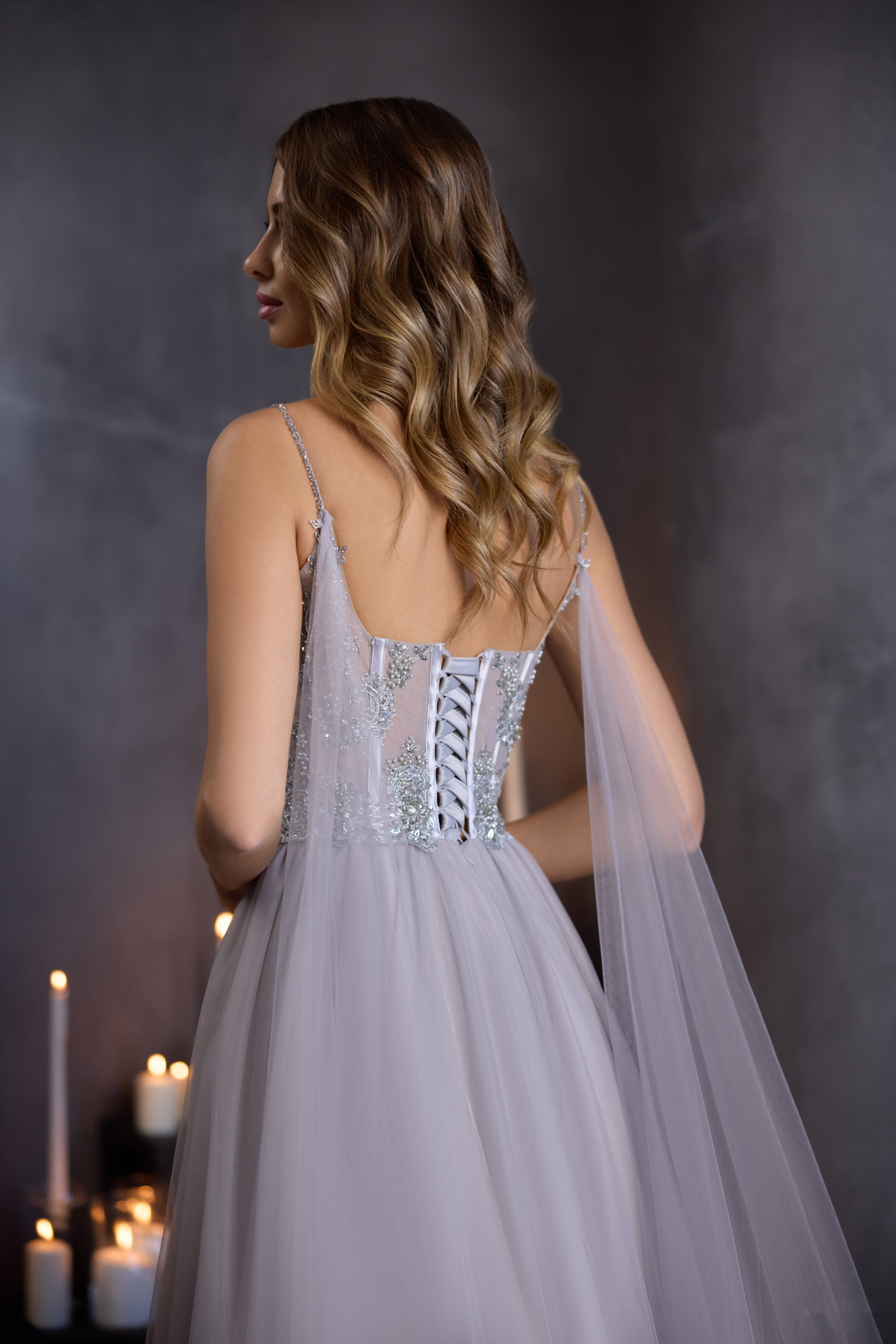 Beaded Tulle A-Line Evening Dress with Sheer Cape and High Slit
