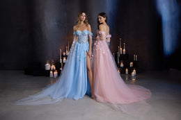 3D Floral Glitter Tulle A-Line Evening Dress with Corset and Cape Sleeves