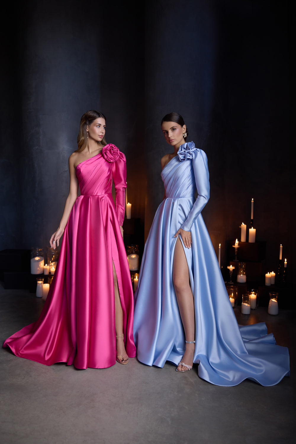 A-line Evening Dress with One-Shoulder Floral Detail