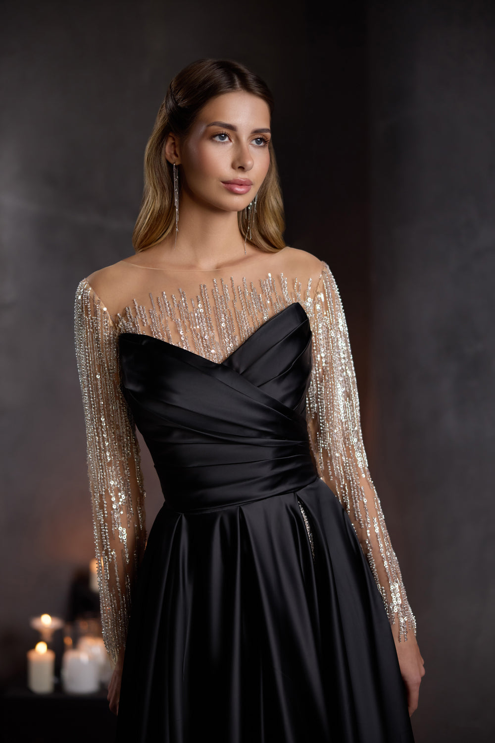 A-Line Evening Dress with Detachable Beaded Sleeves