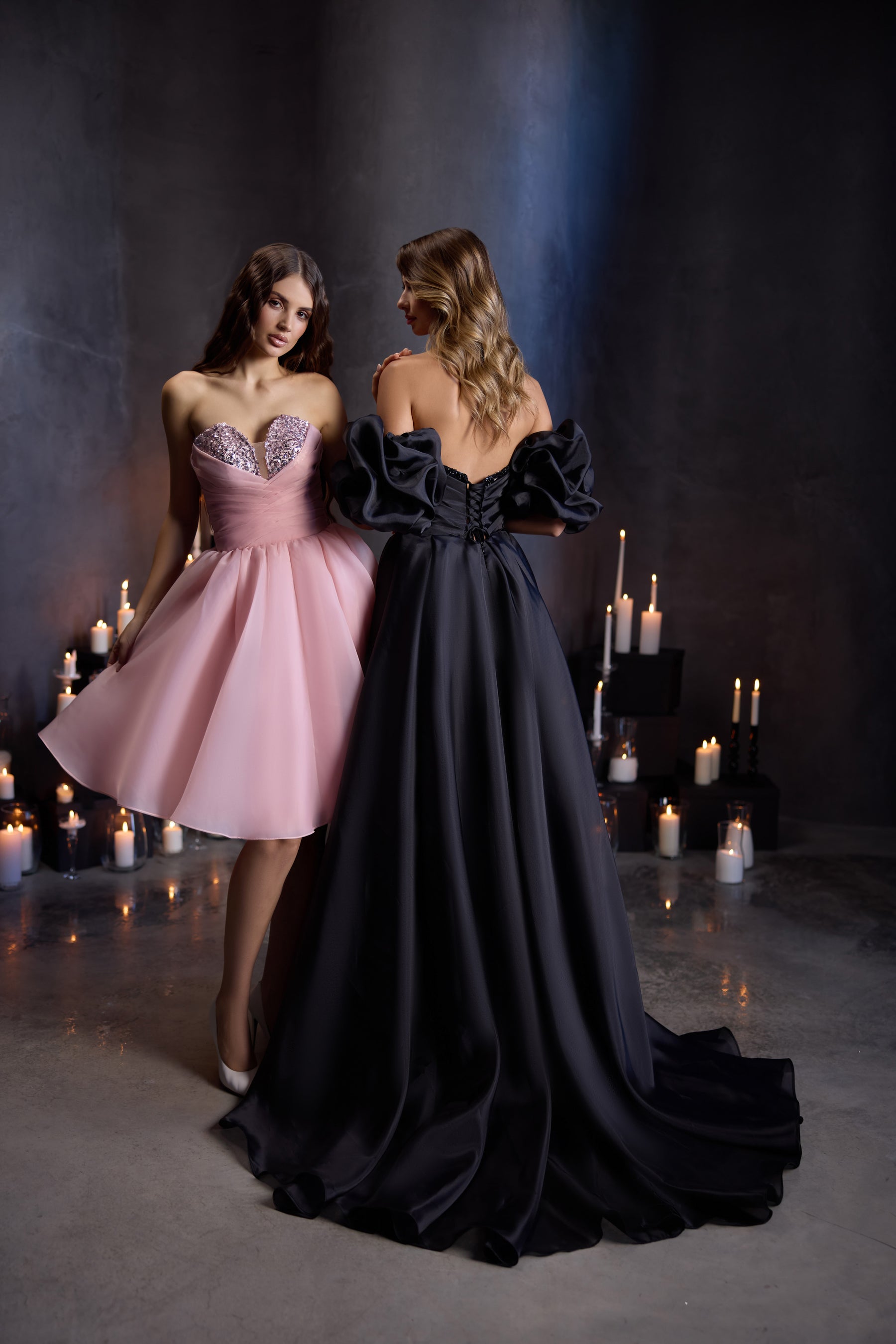 A-Line Evening Dress with Sequined Corset and Sculptural Puff Sleeves
