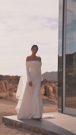 Off-the-Shoulder Mermaid Wedding Dress with Draped Neckline and Long Sleeves