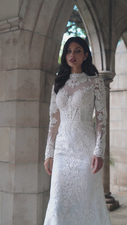 Sheath Wedding Dress with High Neck and Detachable Overskirt
