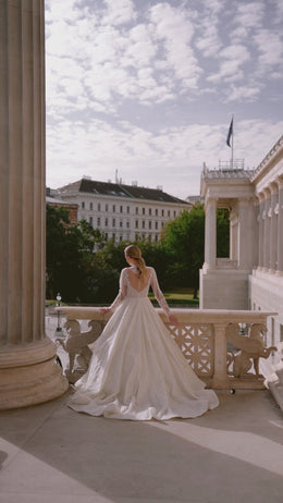 Ball Gown Wedding Dress With Lace Appliqués And Beading, Illusion High Neckline, Long Sleeves, Sparkle Tulle Skirt And Cathedral Train