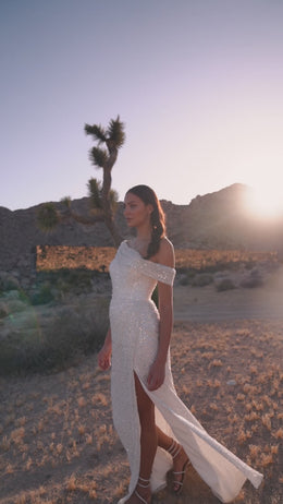 Sparkly Sheath Wedding Dress with Off-the-Shoulder Neckline and Slit