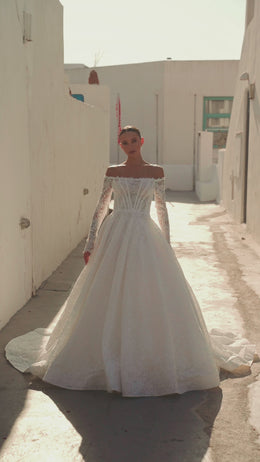 Off-the-Shoulder Ball Gown Wedding Dress with Long Lace Sleeves
