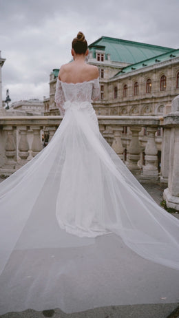 Mermaid Lace Wedding Dress with Lace Appliqués, Off-the-Shoulder Neckline, Long Sleeves, Embroidery, Chapel Train