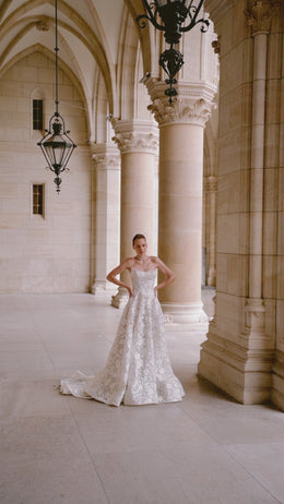 A-Line Strapless Sweetheart Lace Gown with Floral Lace Appliqués, Embroidered Bodice, Cathedral Train