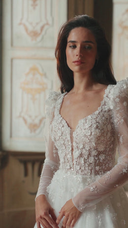 3D Lace Wedding Gown with Deep V-Neck, A-Line Tulle Skirt, and Long Sleeves