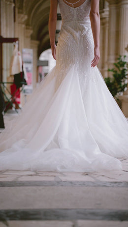 Mermaid Silhouette Bridal Gown with Beaded Embroidery, Sequins and Crystals, V-Neck, Sleeveless, Tulle Overlay, Cathedral Train, Romantic