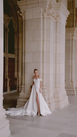 A-Line Satin Off-the-Shoulder Wedding Dress, Floor-Length with Cathedral Train and Subtle Side Slit