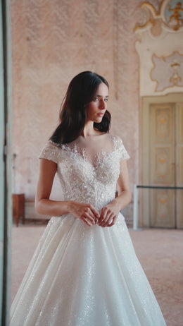 Sparkling Ballgown Wedding Dress with Short Sleeves, Buttons at the Back, and Cathedral Train