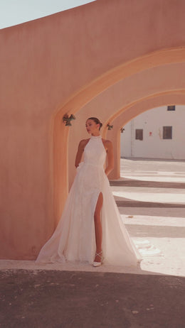 Sheath Wedding Dress with High Neck Lace Bodice and Detachable Overskirt