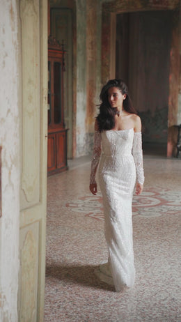 Sheath Bridal Gown Sheath Dress with Long Sleeves, Straight Neck, and Additional Sparkle Skirt