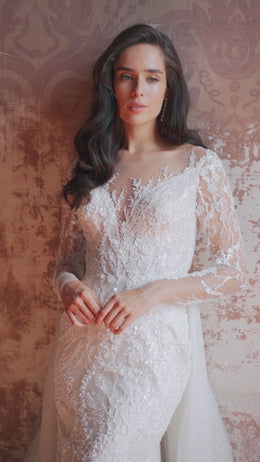Elegant Lace Fit and Flare Bridal Dress with Long Sleeves, Lace Back, and Court Train Tulle