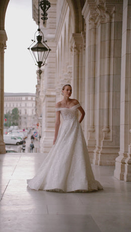 A-Line Wedding Dress with Lace Over Tulle and Floral Lace Appliqués, Off-the-Shoulder Neckline, Sleeveless, Embroidered Bodice, Cathedral Train